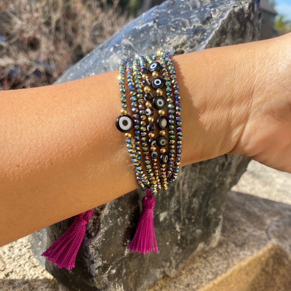 Multicolor Beaded Bracelet with Purple Tassels Gold Plate
